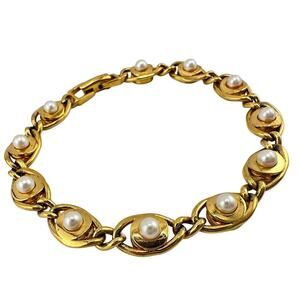 Vintage Faux Pearl Eye Link Gold Tone Timeless Classy Tennis 7” Bracelet